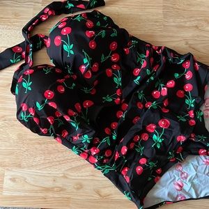 Retro style one piece swimsuit with cherries